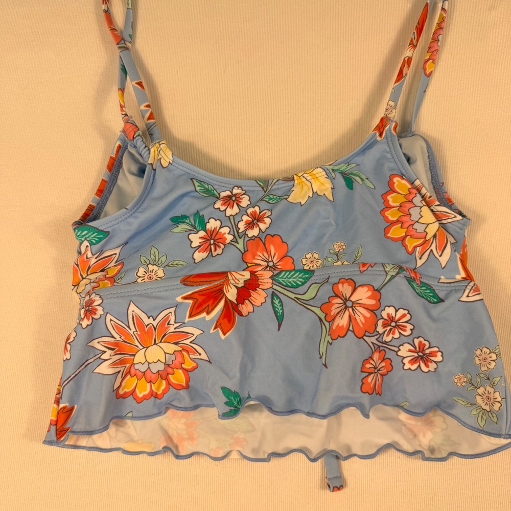 Cupshe Floral Bikini Set S Top M Bottom Blue Orange Ruffle Tie Front High Cut - Picture 5 of 16